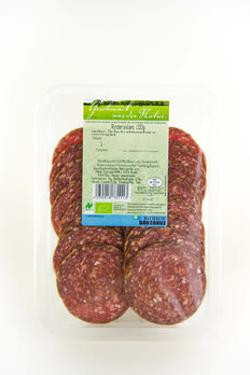 Produktfoto zu Salami halb & halb geschnitten 80g Biohof Bakenhus