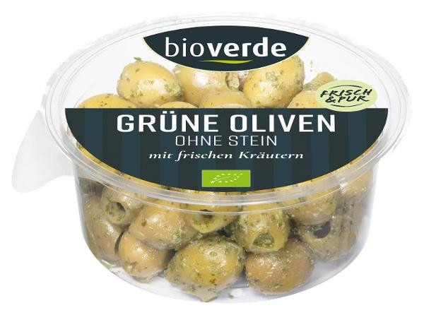 Produktfoto zu Grüne Oliven ohne Stein mariniert mit frischen Kräutern mariniert 150g bio-verde