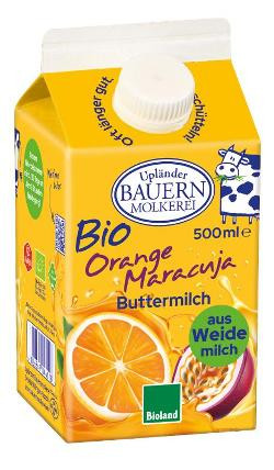 Produktfoto zu Buttermilch Orange Maracuja 500ml Upländer Bauernmolkerei